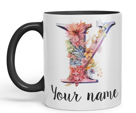 Personalised Letter Y mug, Customized Custom Floral flowers butterfly Alphabet Letter Y Monogram watercolour Ceramic Coloured Mug Cup for Tea Coffee Hot brew 330ml 11Oz Gift