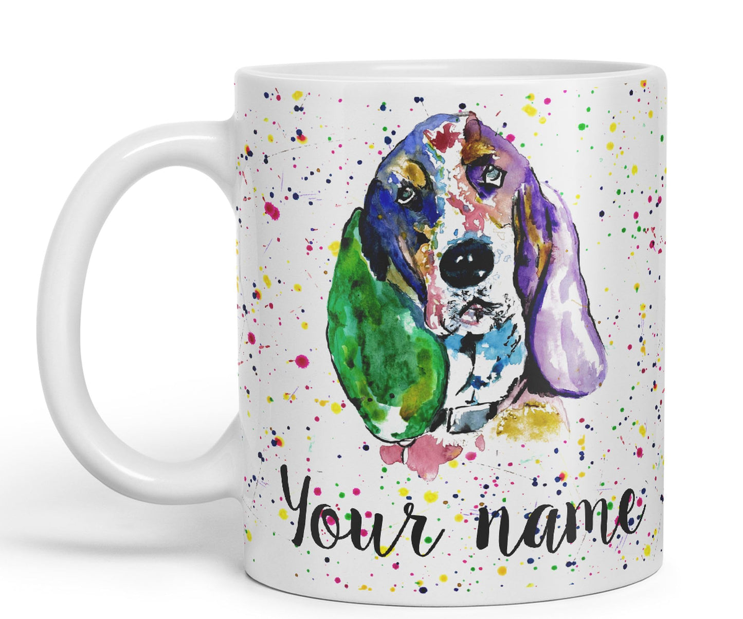 Personalised mug with Your Text name Basset Hound Hunting Dog Pet animals Watercolour Art Coloured Ceramic Mug Cup Gift 330ml 11oz Custom Work Office Tea Coffee