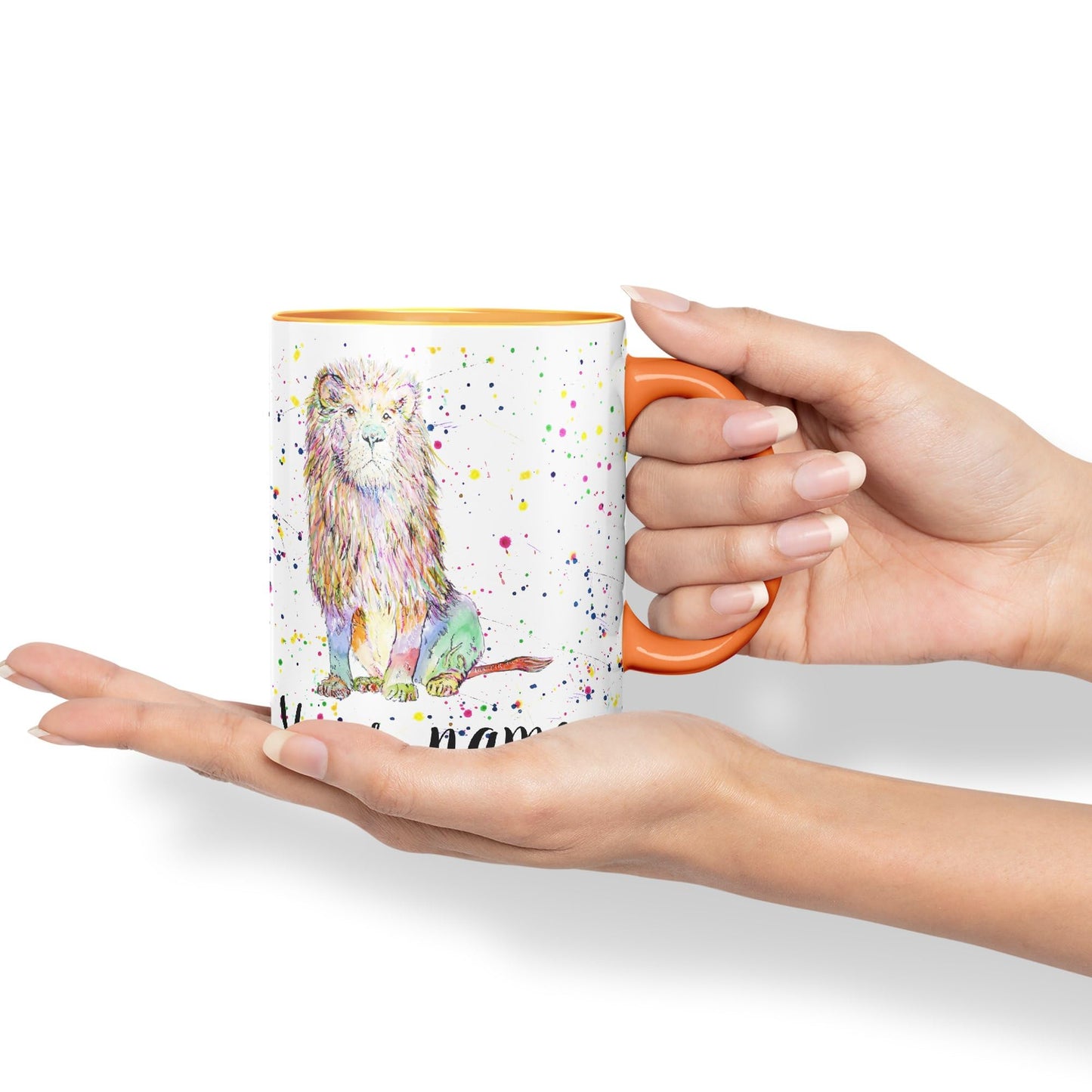 Vixar Personalised with Your Text Lion Cat King Safari Animals Watercolour Art Coloured Ceramic Mug Cup Gift 330ml 11oz Custom Work Office Tea Coffee