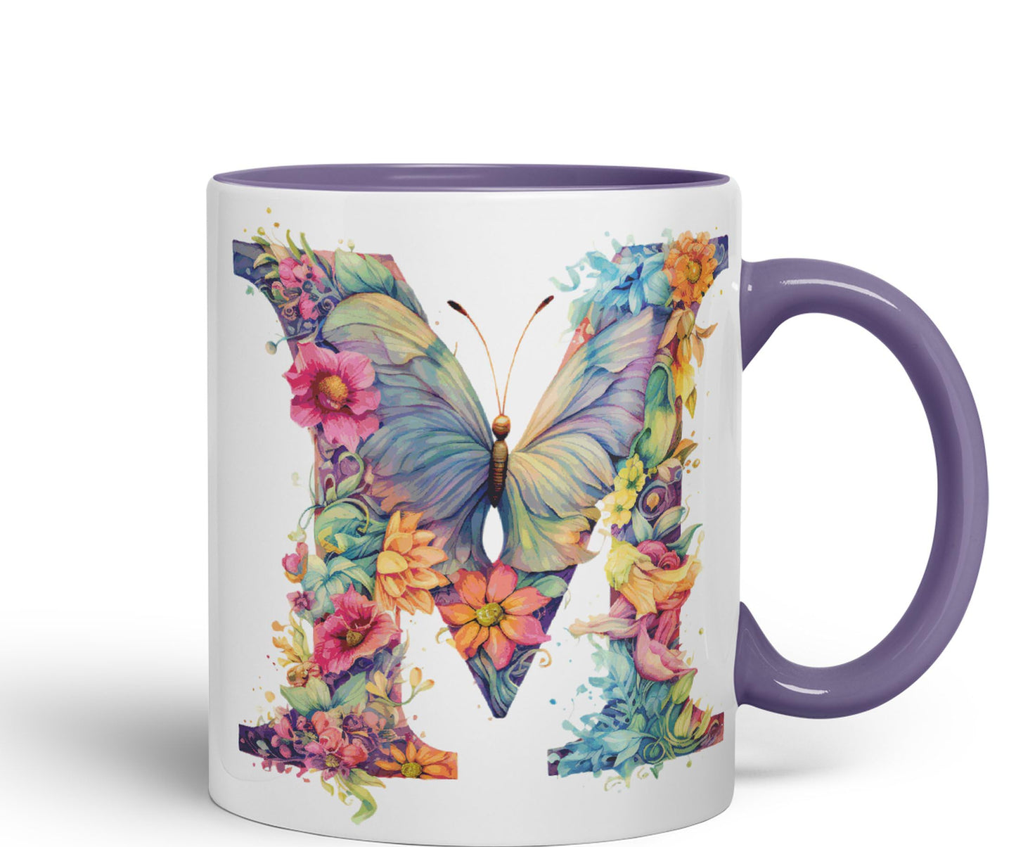 Letter M mug, Floral flowers butterfly Alphabet Letter M Monogram watercolour Ceramic Coloured Mug Cup for Tea Coffee Hot brew 330ml 11Oz Gift