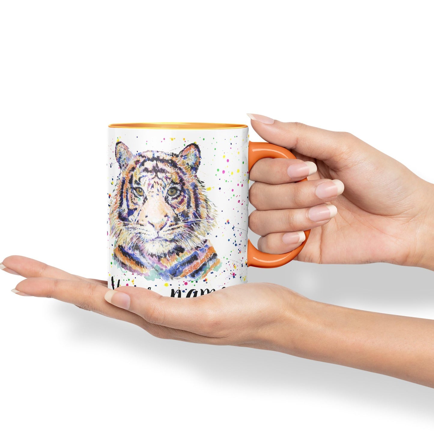 Vixar Personalised with Your Text Tiger Cat Safari Animals Watercolour Art Coloured Ceramic Mug Cup Gift 330ml 11oz Custom Work Office Tea Coffee (O2)