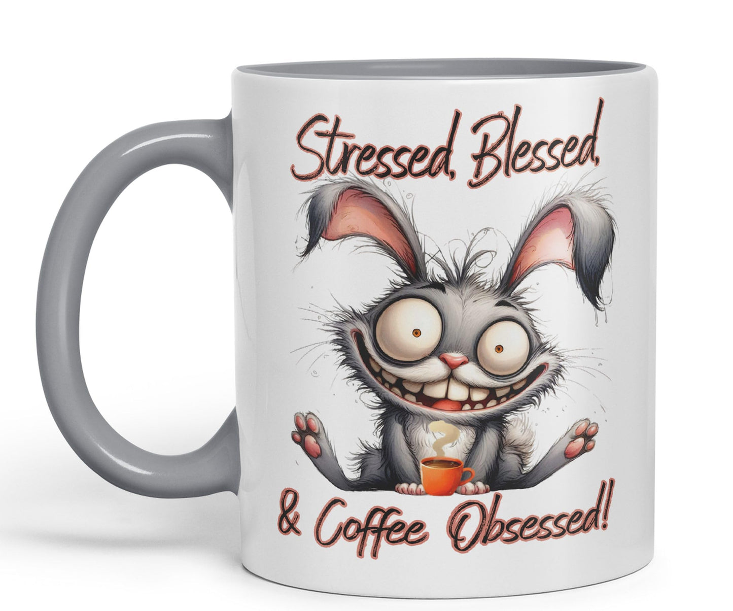 Stressed, Blessed & Coffee Obsessed! Bunny Hare Joke sarkasm Sarcastic Ceramic Coloured Mug Cup for Tea Coffee Hot Brew 330ml 11Oz Gift