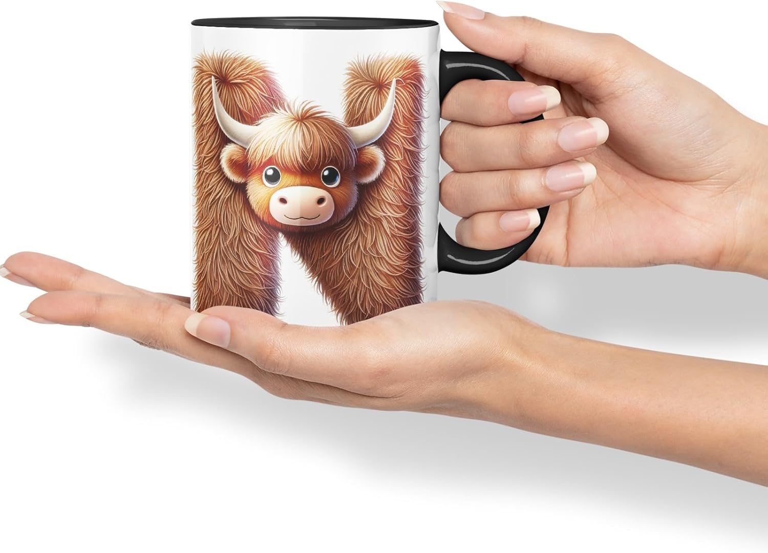 Highland Cow Alphabet Monogram Coloured Ceramic Cup Mug Letter N Rustic Farmhouse Animal Letter Gift V2 11oz (Black)