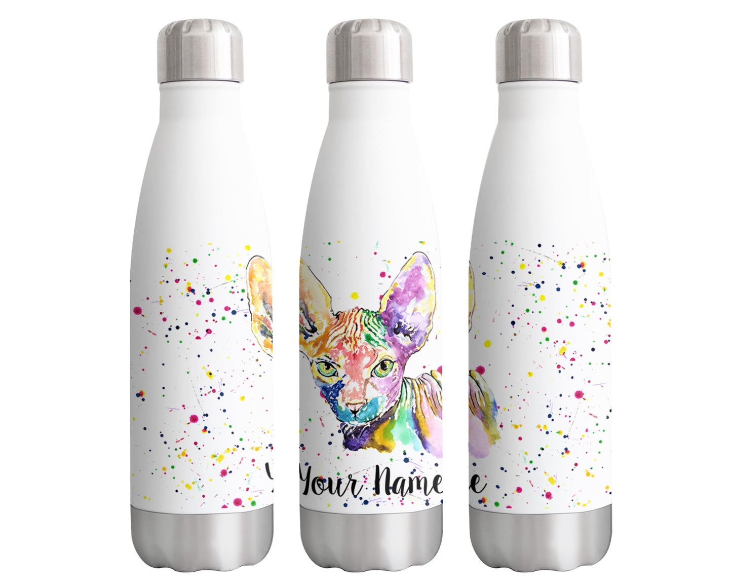 Vixar Sphynx cat Personalised Custom Bottle with your Text/name Watercolour kitten pet cat Animals Bottle Double Wall Insulated Stainless Steel Sport Drinks 500ml