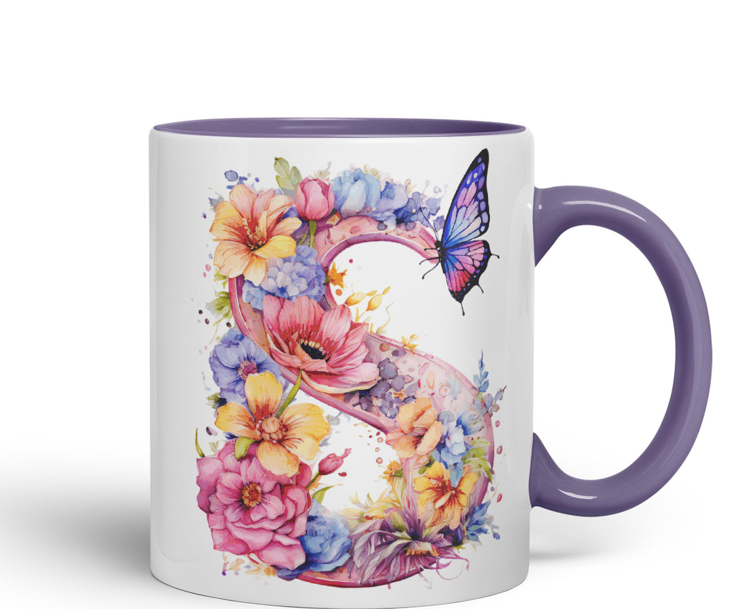 Letter S mug, Floral flowers butterfly Alphabet Letter S Monogram watercolour Ceramic Coloured Mug Cup for Tea Coffee Hot brew 330ml 11Oz Gift