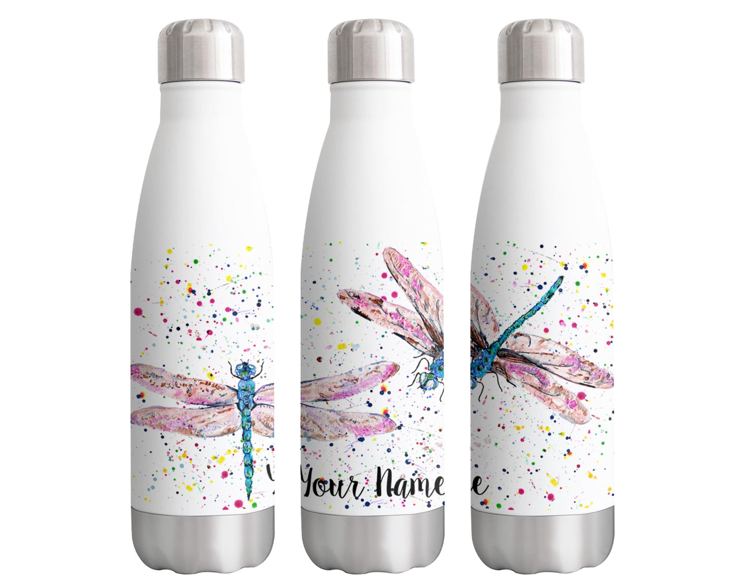 Vixar Dragonflies Pink Personalised Custom Bottle with your Text/name Dragonfly Insect Animals Watercolour Bottle Double Wall Insulated Stainless Steel Sport Drinks 500ml