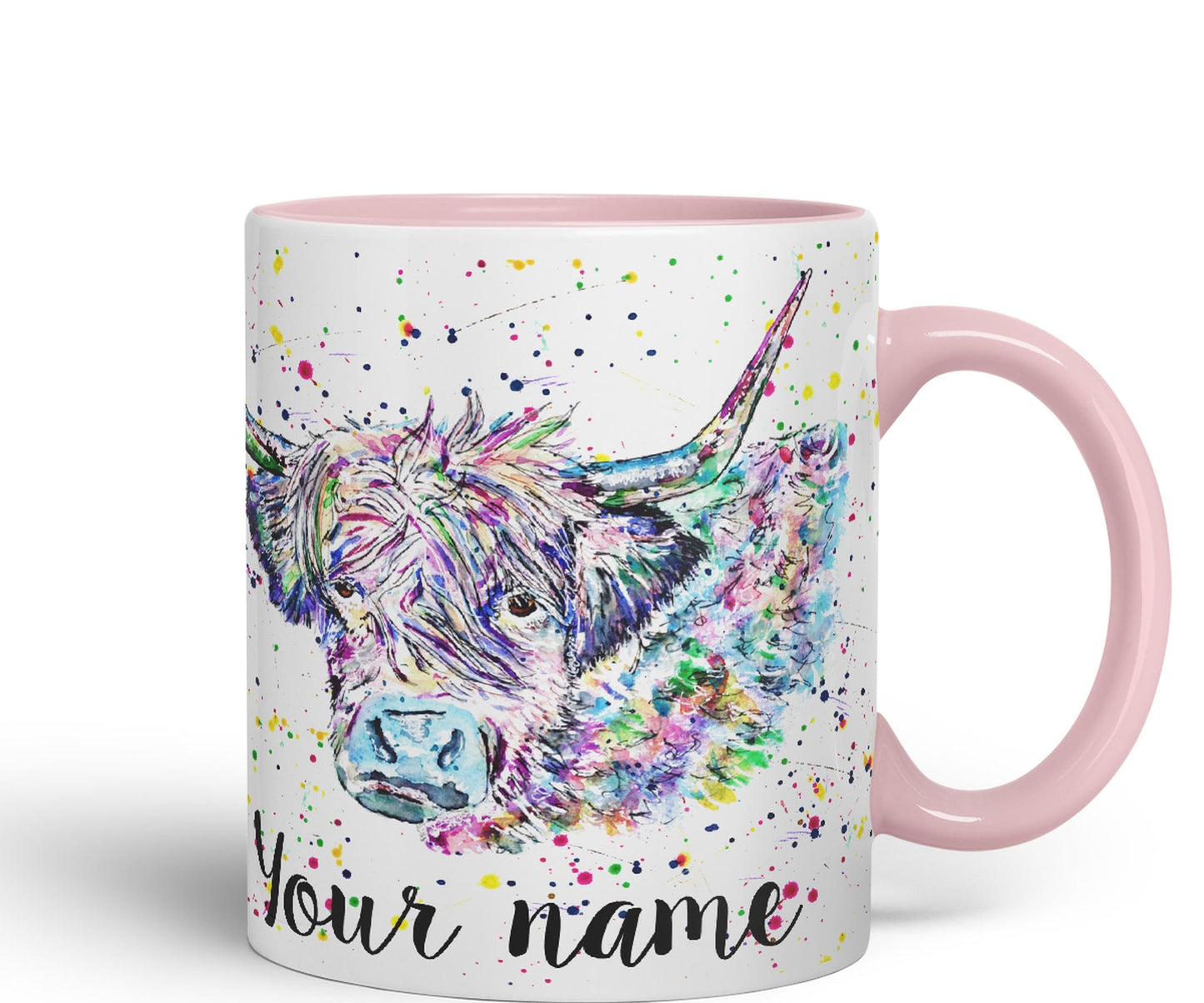 Vixar Personalised with Your Text Highland Cow Scottish Farm Animals Watercolour Art Coloured Mug Cup Gift Birthday Custom Work Office Tea Coffee (P02)