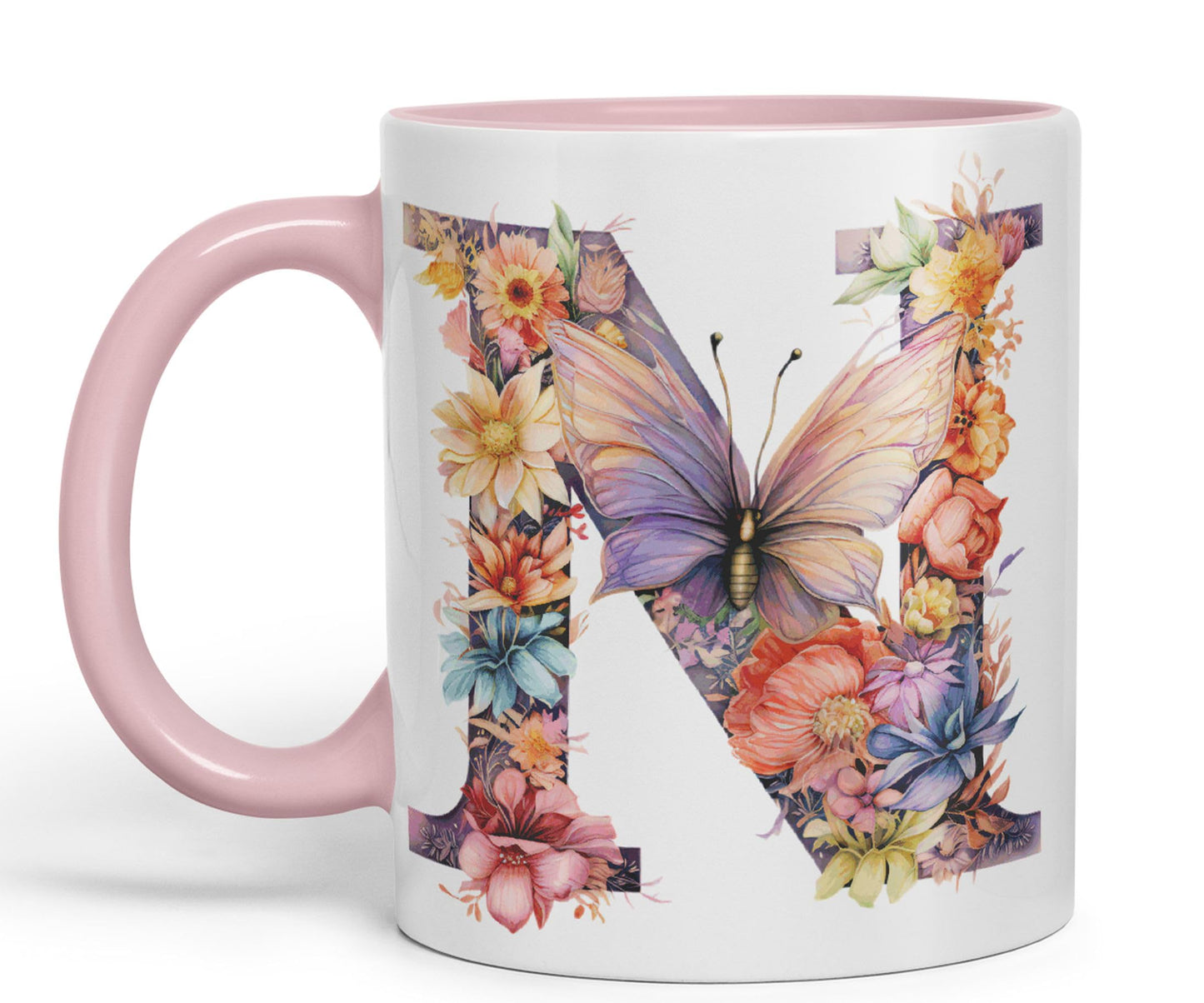 Letter N mug, Floral flowers butterfly Alphabet Letter N Monogram watercolour Ceramic Coloured Mug Cup for Tea Coffee Hot brew 330ml 11Oz Gift