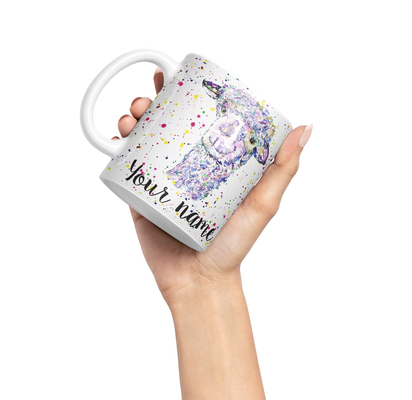 Vixar Personalised with Your Text Llama glama Animals Watercolour Art Coloured Ceramic Mug Cup Gift 330ml 11oz Custom Work Office Tea Coffee