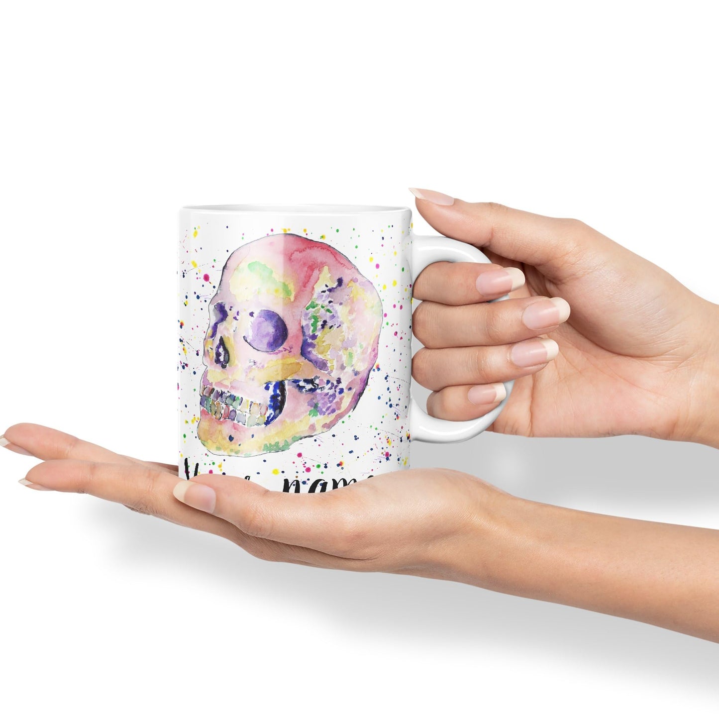 Vixar Personalised with Your Text Skull Watercolour Art Coloured Ceramic Mug Cup Gift 330ml 11oz Custom Work Office Tea Coffee (O2)