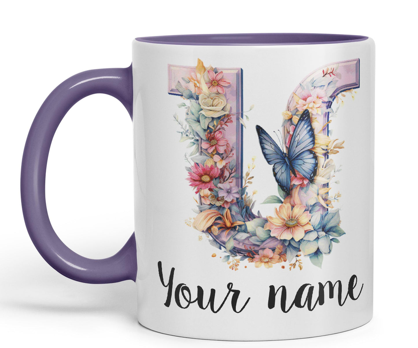 Personalised Letter U mug, Customized Custom Floral flowers butterfly Alphabet Letter U Monogram watercolour Ceramic Coloured Mug Cup for Tea Coffee Hot brew 330ml 11Oz Gift