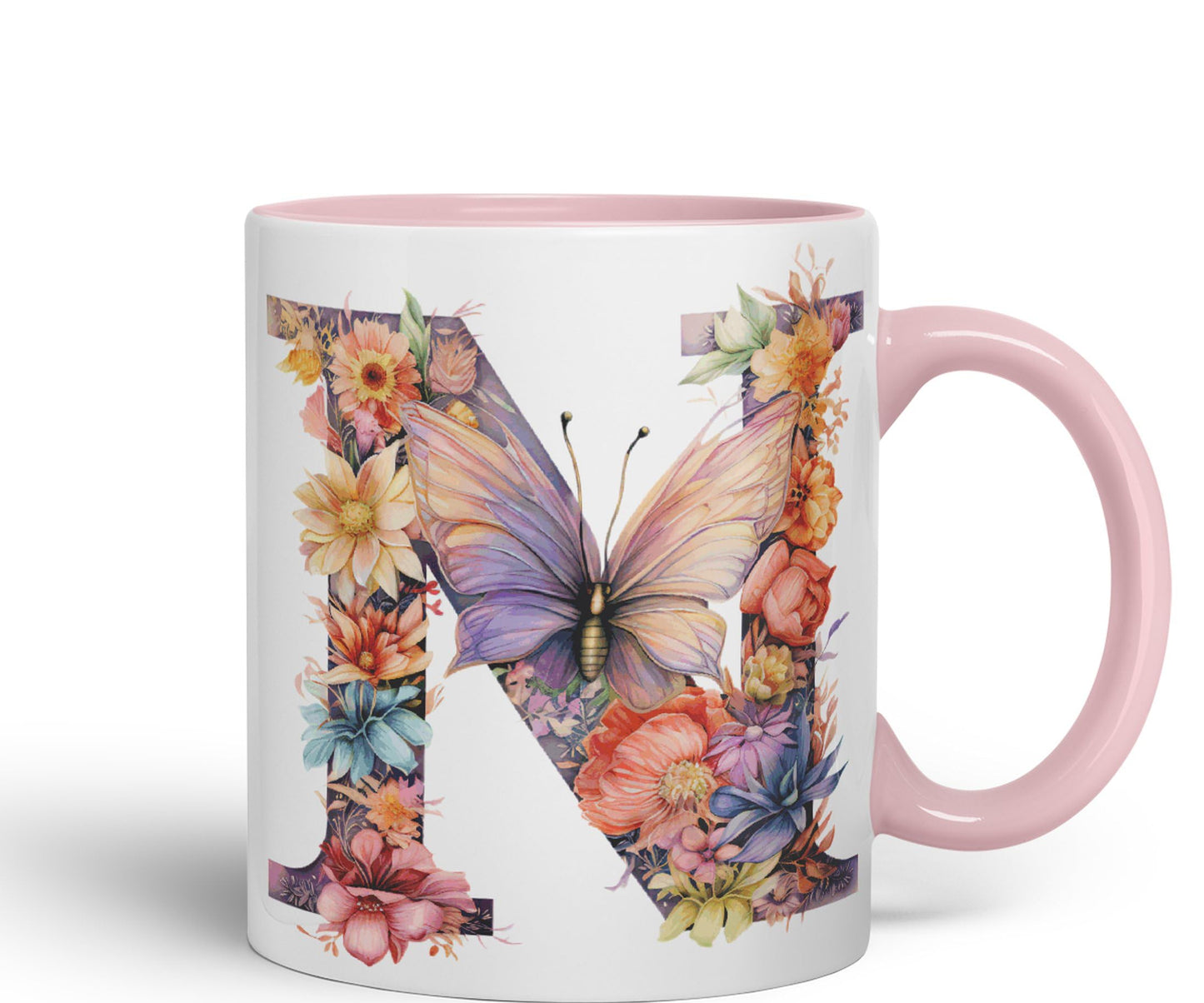 Letter N mug, Floral flowers butterfly Alphabet Letter N Monogram watercolour Ceramic Coloured Mug Cup for Tea Coffee Hot brew 330ml 11Oz Gift