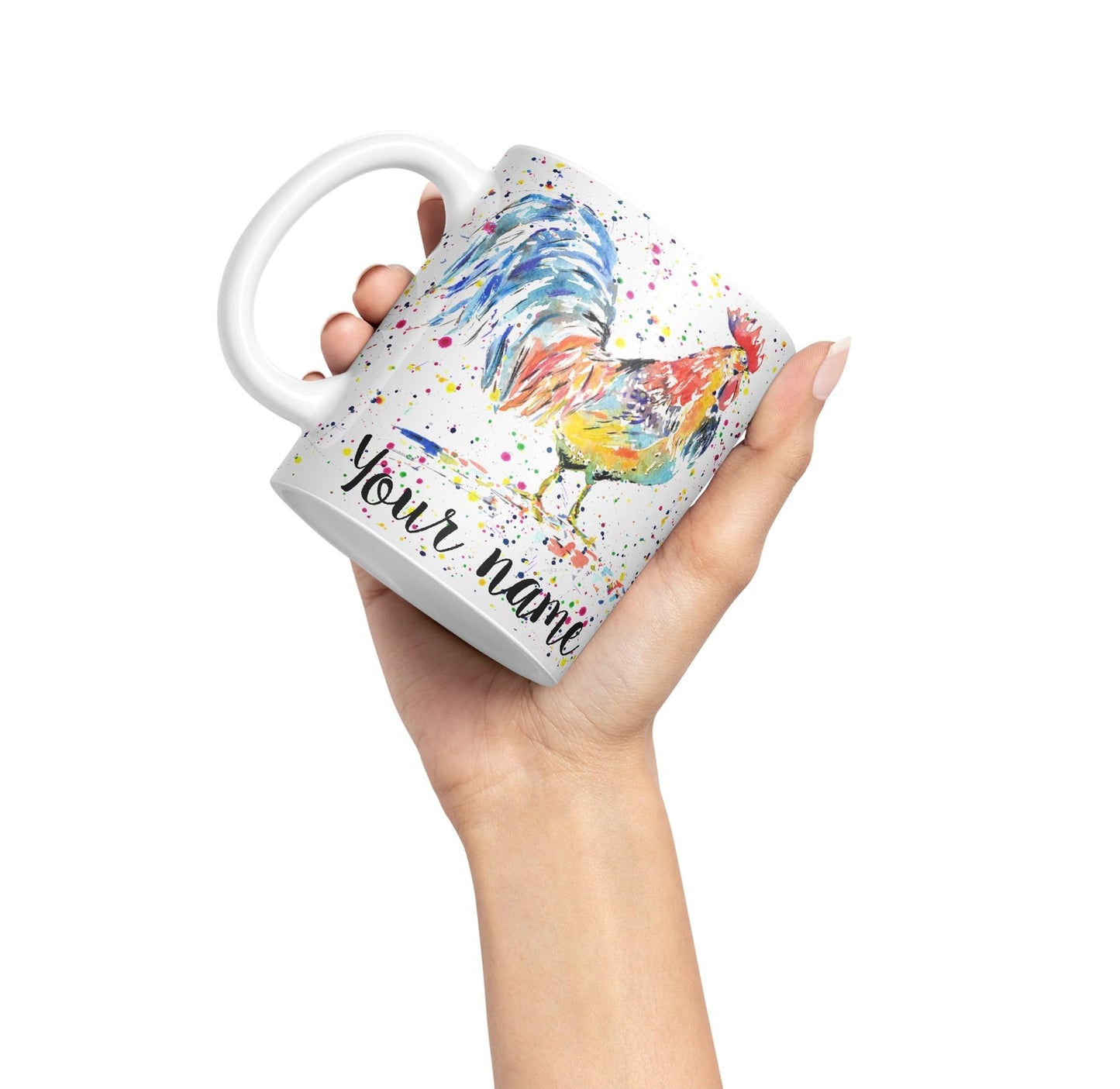 Vixar Personalised with Your Text Cockerel Chicken Hen Farm Watercolour Art Coloured Ceramic Mug Cup Gift 330ml 11oz Custom Work Office Tea Coffee