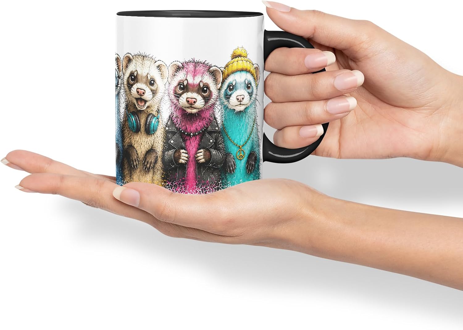 Ferret Mug – Cute Ferret Animal Coloured Ceramic Mug Cup Gift, 11oz (Black)