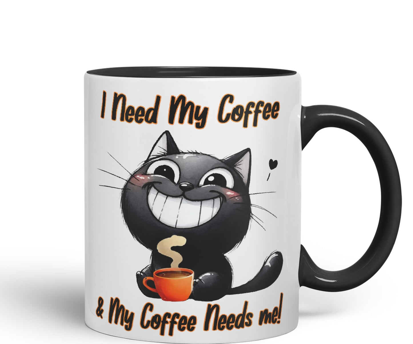 I Need My Coffee &My Coffee Needs Me! Cat Joke sarkasm Sarcastic Ceramic Coloured Mug Cup for Tea Coffee Hot Brew 330ml 11Oz Gift