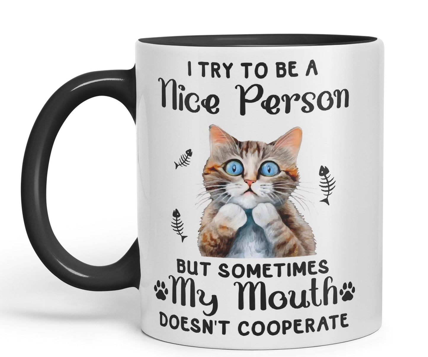 Vixar I Try to be a Nice Person but Sometimes My Mouth .. Cats Sarcastic Joke Ceramic Coloured Mug Cup for Tea Coffee Hot Brew 330ml 11Oz