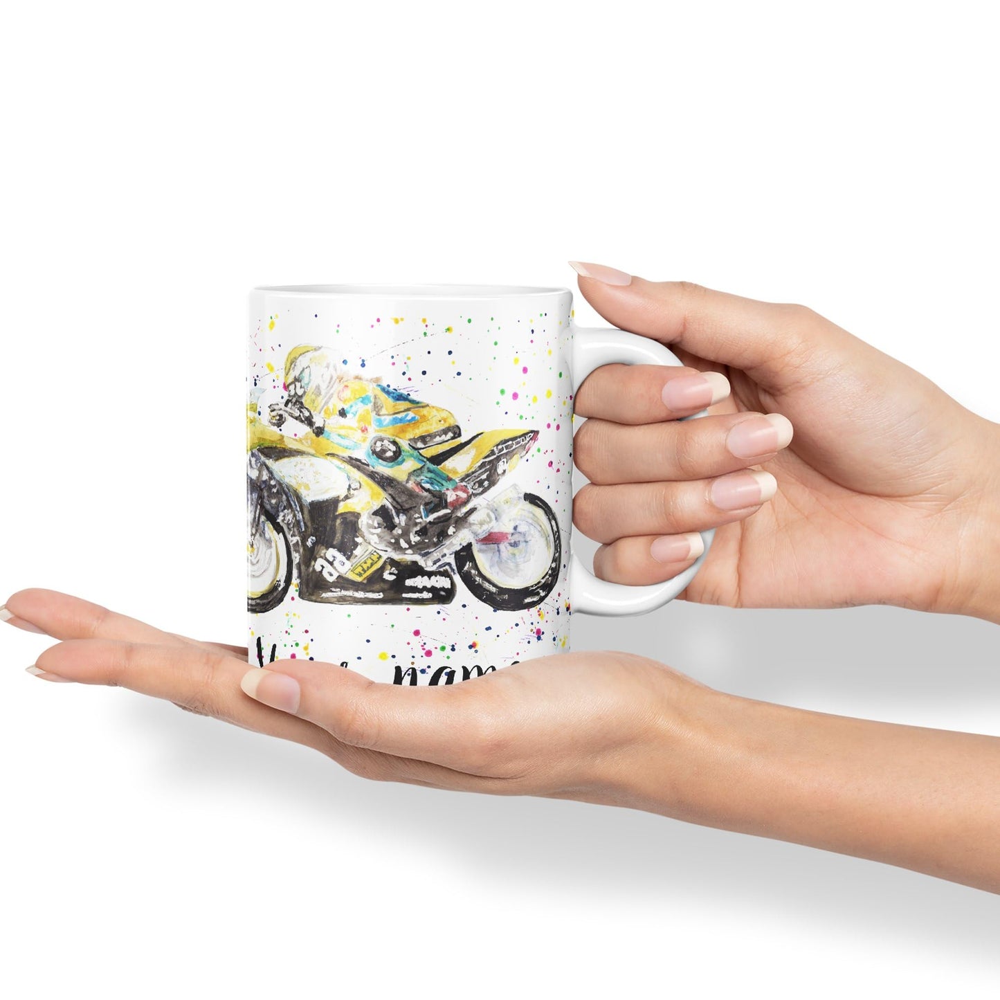 Vixar Personalised with Your Text Motorbike Motocycle Watercolour Art Coloured Ceramic Mug Cup Gift 330ml 11oz Custom Work Office Tea Coffee