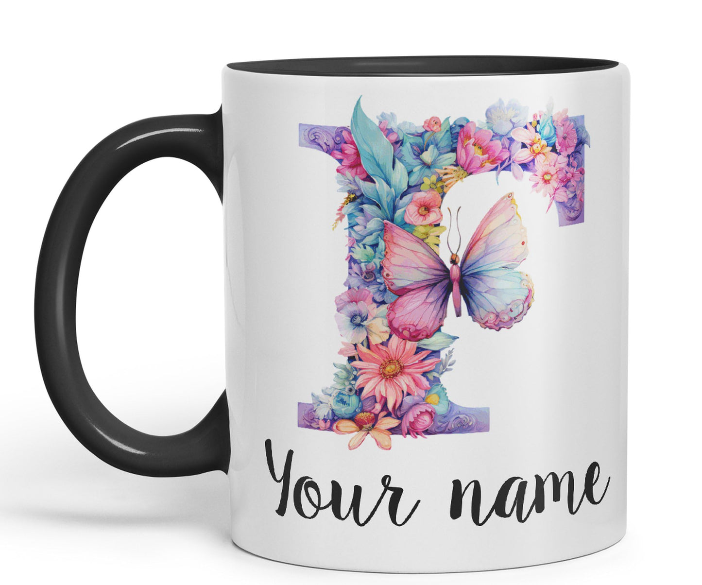 Personalised Letter F mug, Customized Custom Floral flowers butterfly Alphabet Letter F Monogram watercolour Ceramic Coloured Mug Cup for Tea Coffee Hot brew 330ml 11Oz Gift