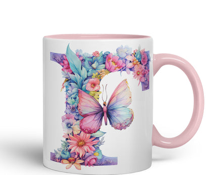 Letter F mug, Floral flowers butterfly Alphabet Letter F Monogram watercolour Ceramic Coloured Mug Cup for Tea Coffee Hot brew 330ml 11Oz Gift