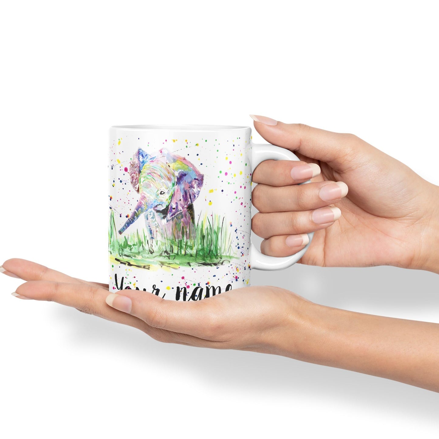 Personalised mug with Your Text name Elephant Baby animals Watercolour Art Coloured Ceramic Mug Cup Gift 330ml 11oz Custom Work Office Tea Coffee