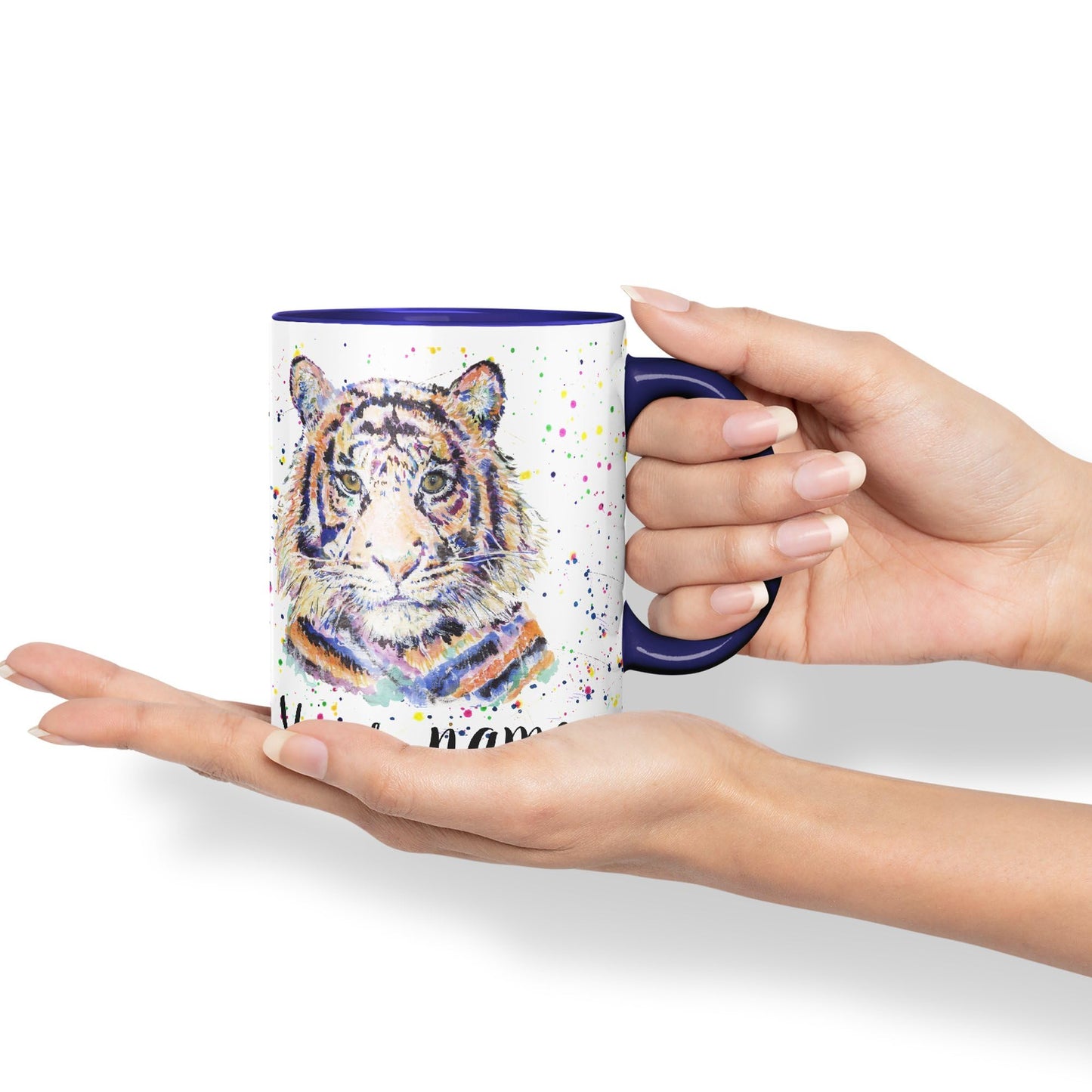 Vixar Personalised with Your Text Tiger Cat Safari Animals Watercolour Art Coloured Ceramic Mug Cup Gift 330ml 11oz Custom Work Office Tea Coffee (O2)