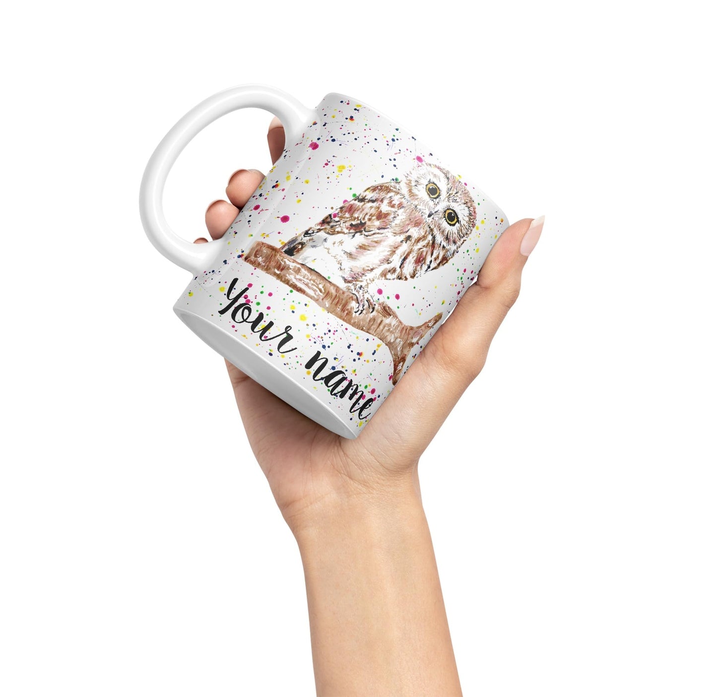 Vixar Personalised with Your Text Owl Bird Watercolour Art Coloured Ceramic Mug Cup Gift 330ml 11oz Custom Work Office Tea Coffee (O2)