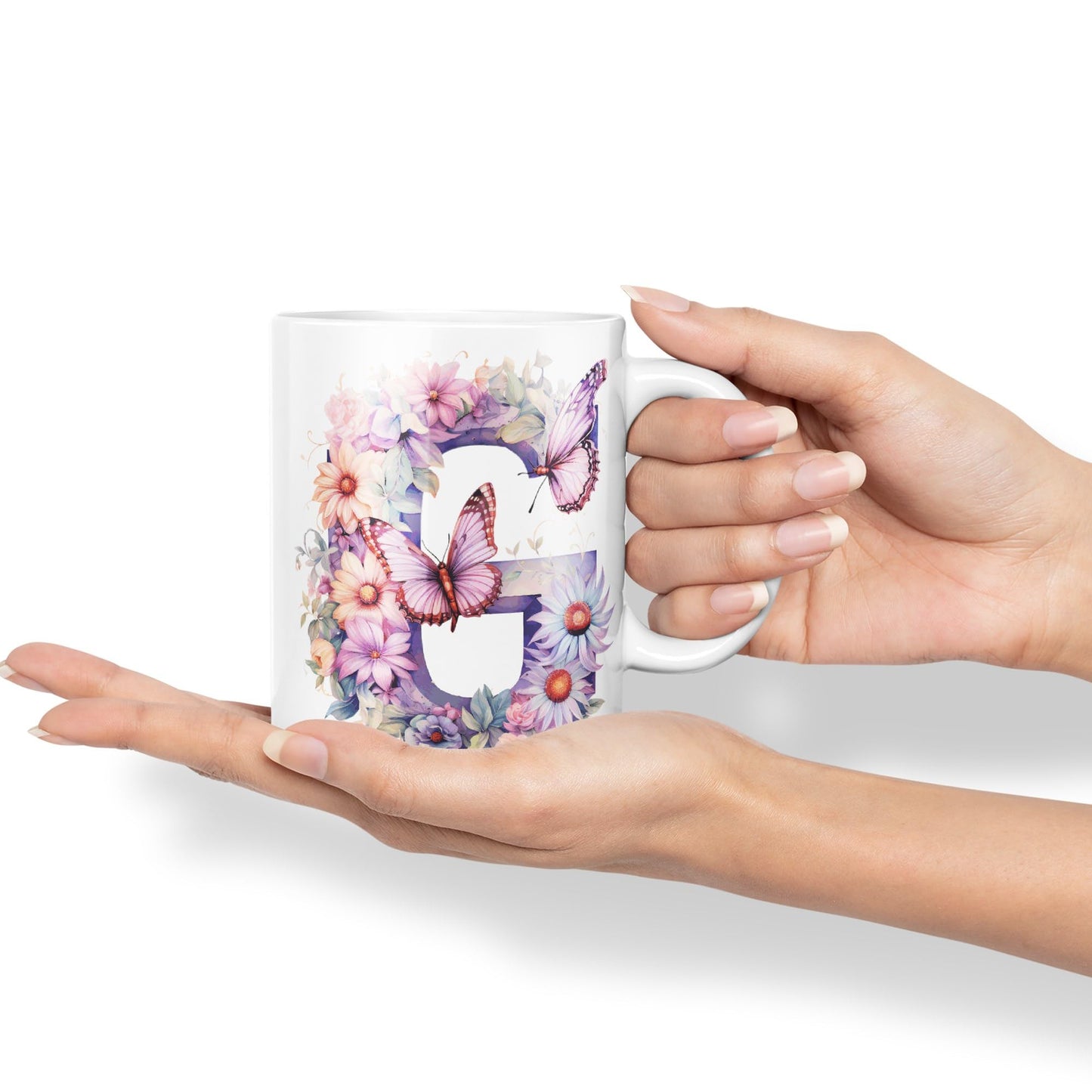 Letter G mug, Floral flowers butterfly Alphabet Letter G Monogram watercolour Ceramic Coloured Mug Cup for Tea Coffee Hot brew 330ml 11Oz Gift