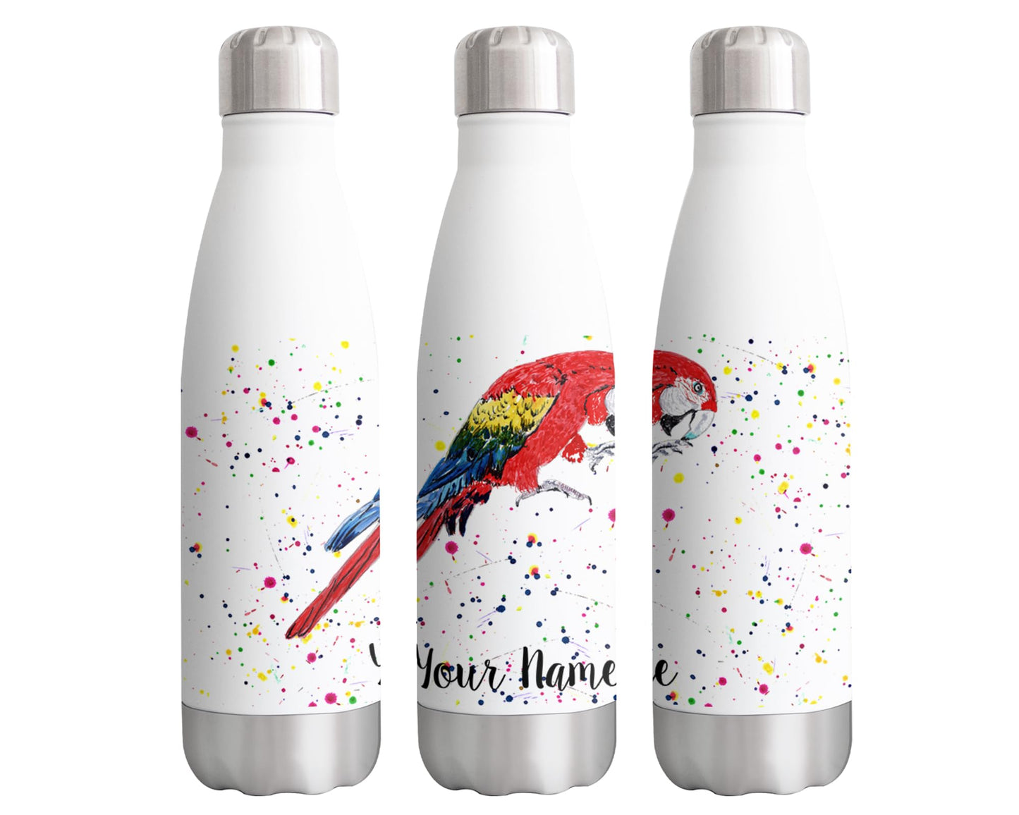 Vixar Parrot Personalised Custom Bottle with your Text/name Watercolour Macaw Bird Animals Bottle Double Wall Insulated Stainless Steel Sport Drinks 500ml