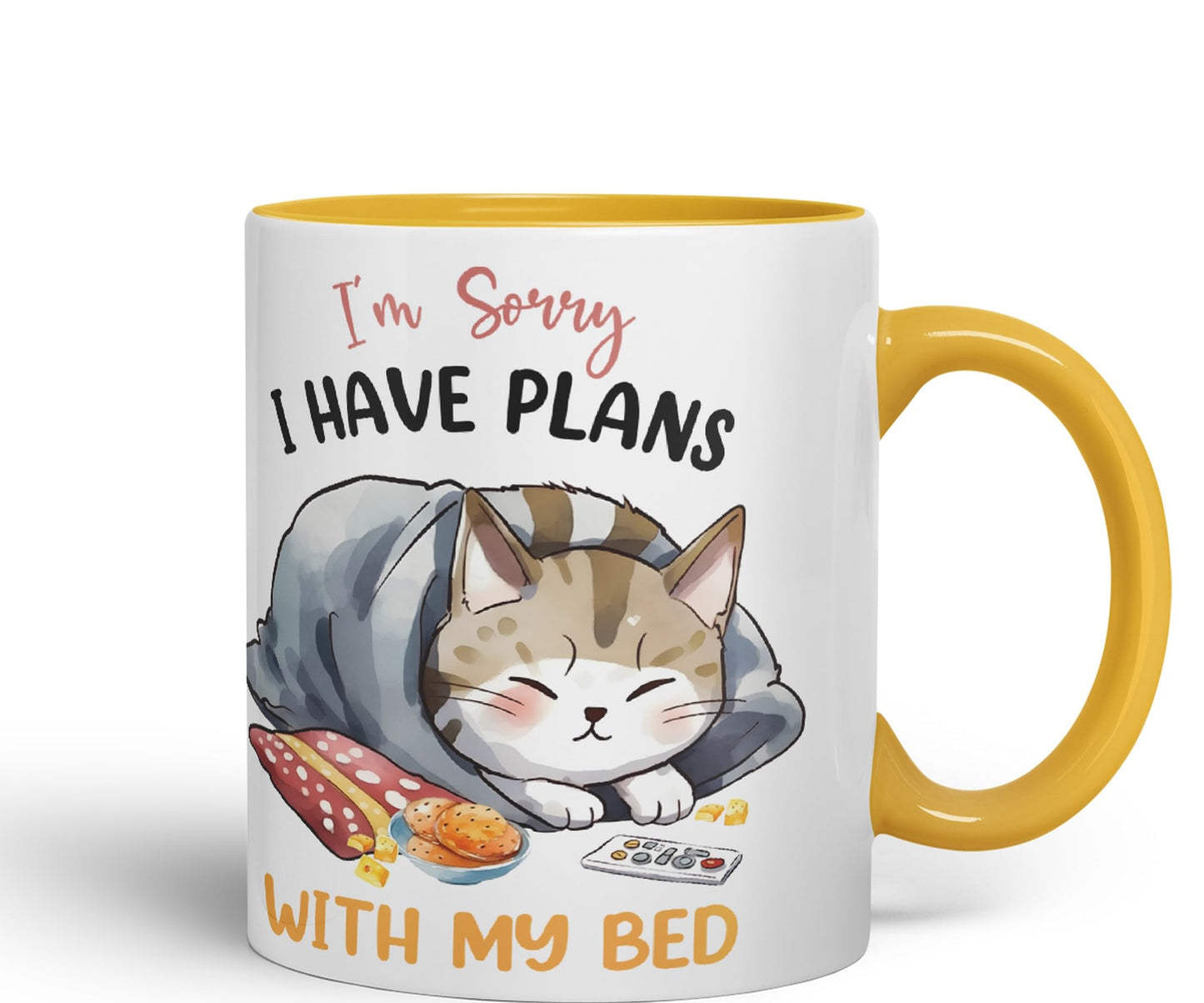 I'm Sorry, I Have Plans with My Bed, cat Sarcastic Joke Ceramic Coloured Mug Cup for Tea Coffee Hot Brew 330ml 11Oz