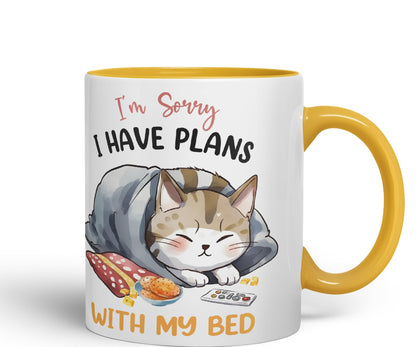 I'm Sorry, I Have Plans with My Bed, cat Sarcastic Joke Ceramic Coloured Mug Cup for Tea Coffee Hot Brew 330ml 11Oz