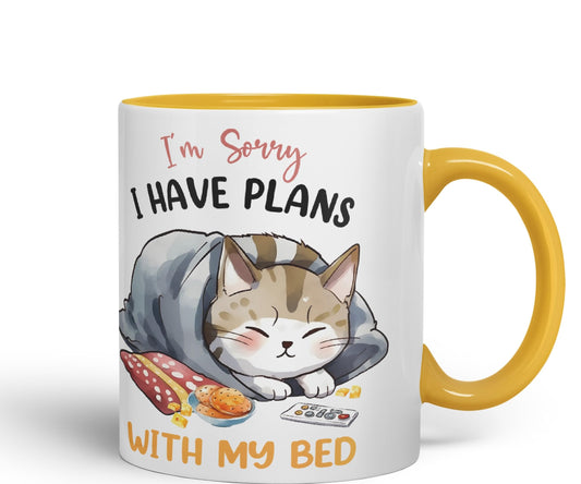 I'm Sorry, I Have Plans with My Bed, cat Sarcastic Joke Ceramic Coloured Mug Cup for Tea Coffee Hot Brew 330ml 11Oz