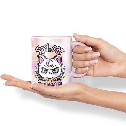 Vixar 50% Cat 50% Demon Cute cat Lovers, Kawaii Joke Coloured Ceramic Mug Cup Gift 330ml 11oz Work Office Tea Coffee