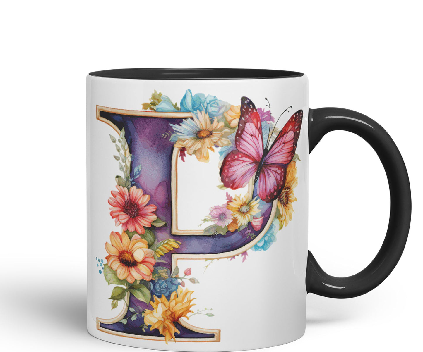 Letter P mug, Floral flowers butterfly Alphabet Letter P Monogram watercolour Ceramic Coloured Mug Cup for Tea Coffee Hot brew 330ml 11Oz