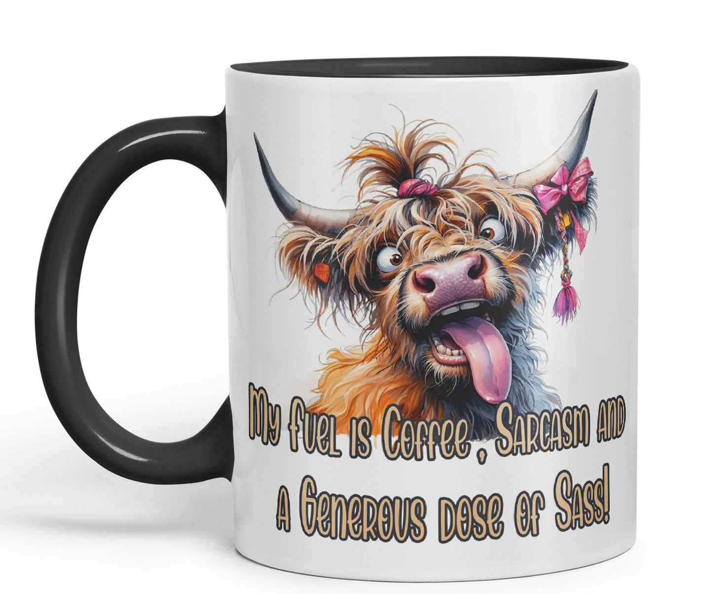 My Fuel is Coffee, Sarcasm and a Generous dose of Sass! Cow higland Joke sarkasm Sarcastic Ceramic Coloured Mug Cup for Tea Coffee Hot Brew 330ml 11Oz Gift