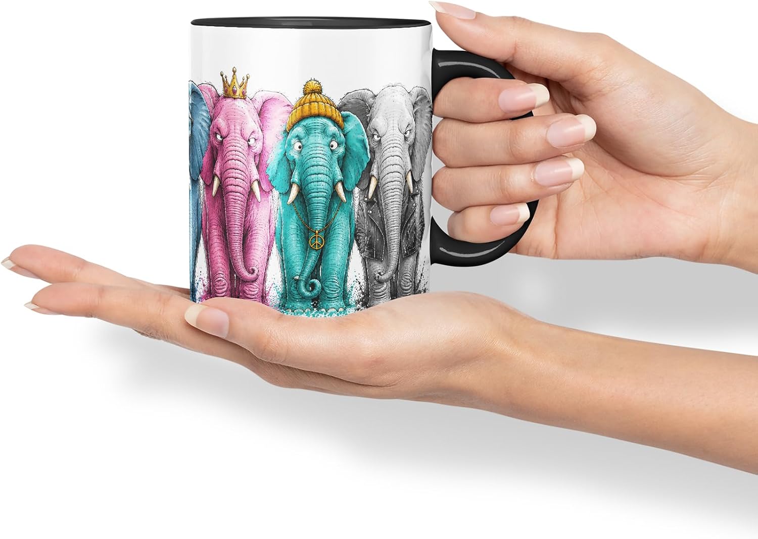 Vixar Elephant Mug – Cute Elephant Animal Coloured Ceramic Mug Cup Gift, 11oz (Black)