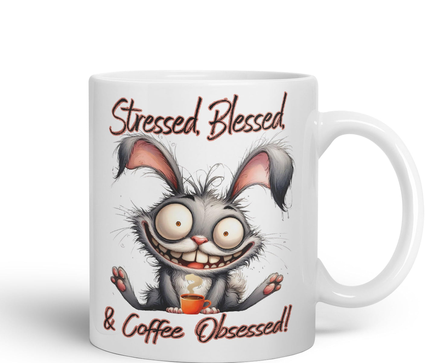 Stressed, Blessed & Coffee Obsessed! Bunny Hare Joke sarkasm Sarcastic Ceramic Coloured Mug Cup for Tea Coffee Hot Brew 330ml 11Oz Gift