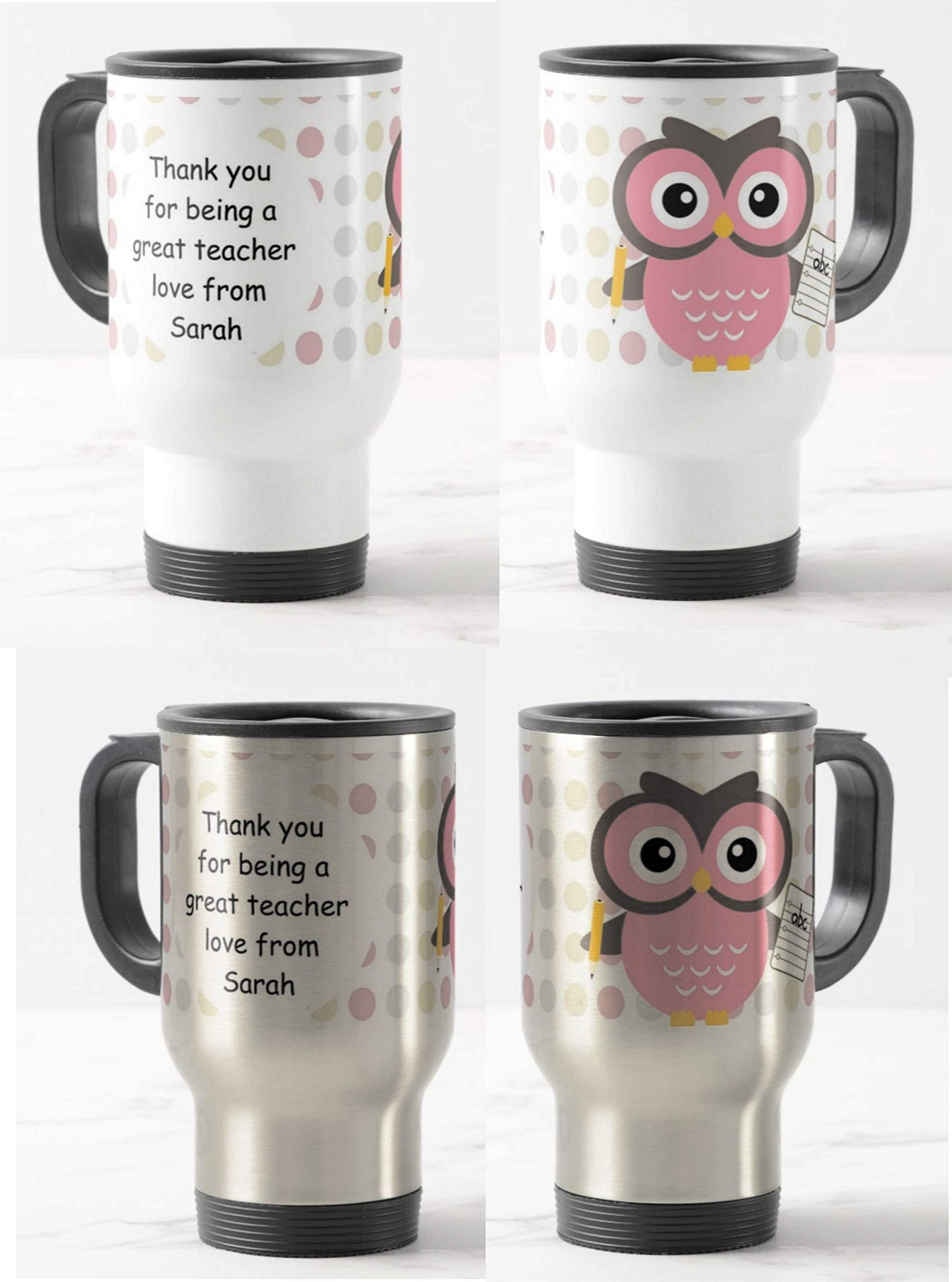 Vixar Teacher Travel Mug - Thank You, OWL Personalised Mug Customised with Name, Teacher Gift from Kids, School Gift