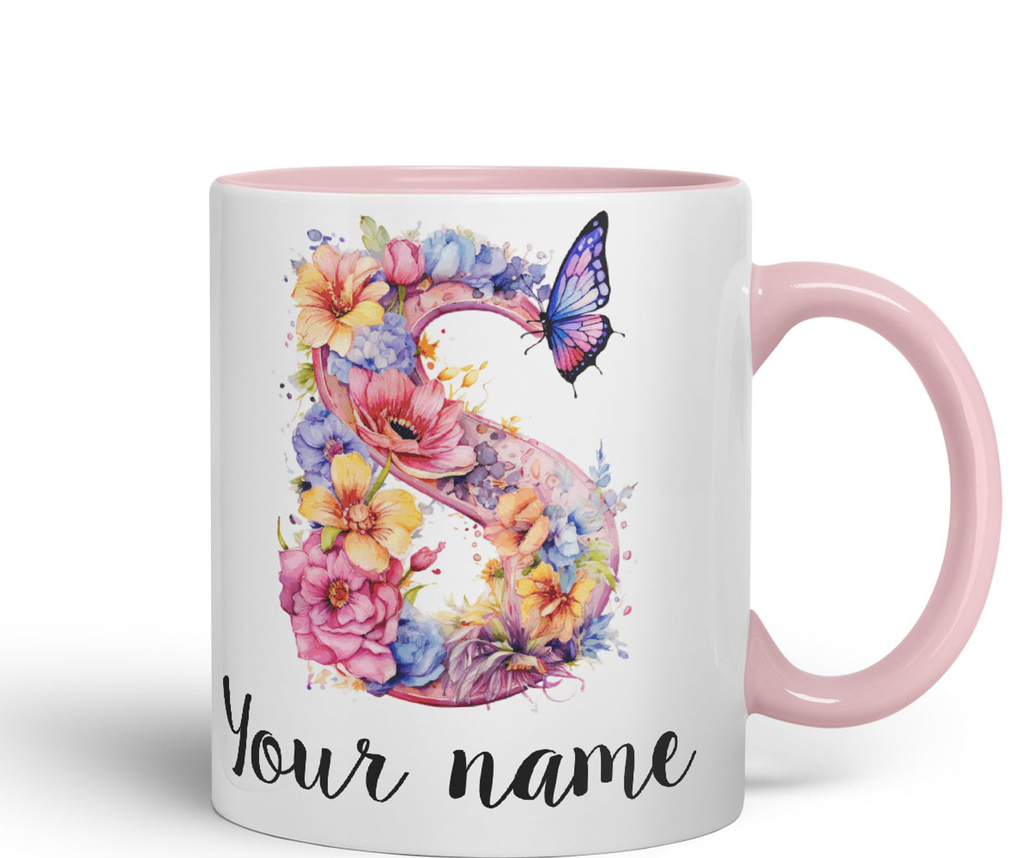 Personalised Letter S mug, Customized Custom Floral flowers butterfly Alphabet Letter S Monogram watercolour Ceramic Coloured Mug Cup for Tea Coffee Hot brew 330ml 11Oz Gift