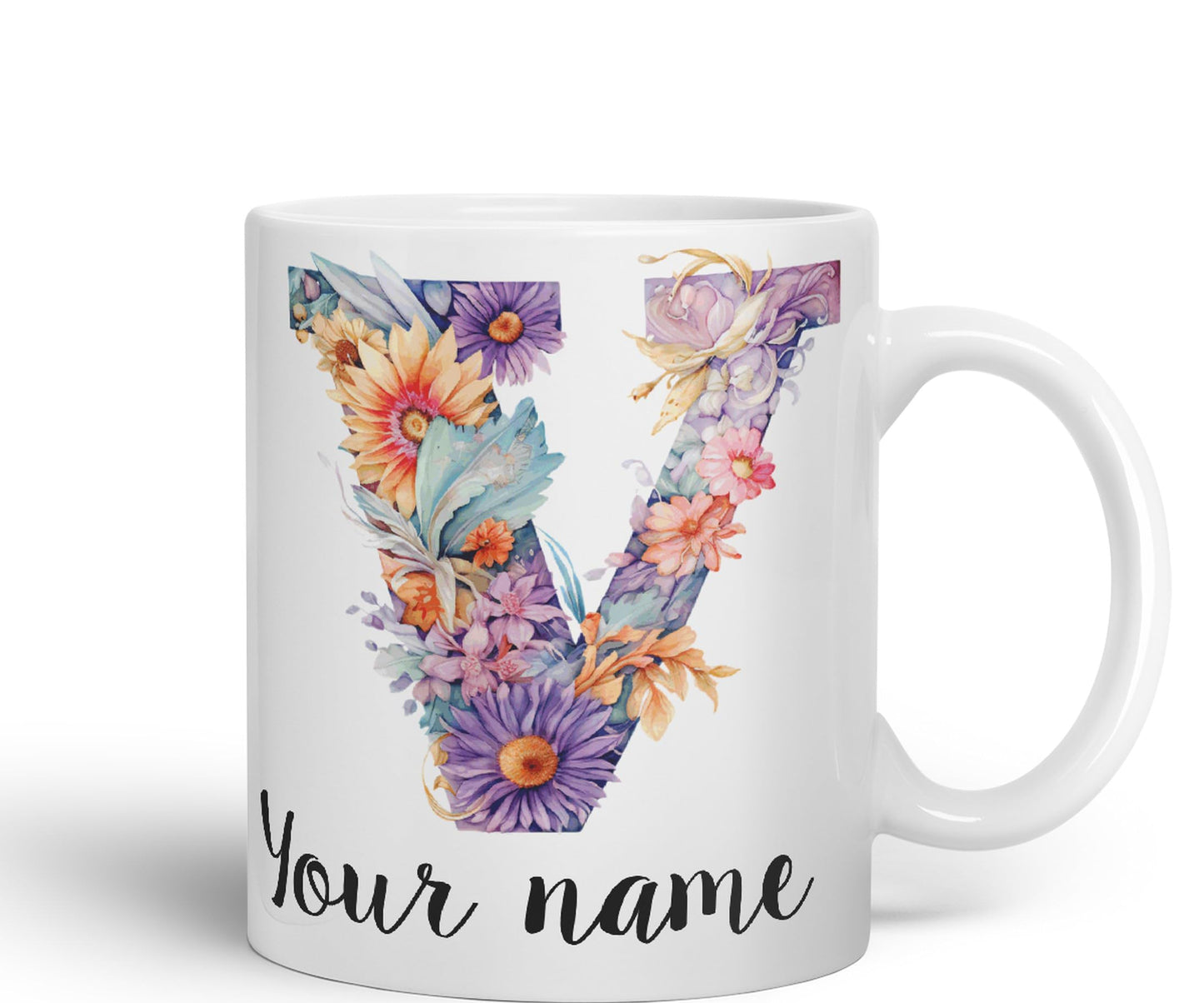 Personalised Letter V mug, Customized Custom Floral flowers butterfly Alphabet Letter V Monogram watercolour Ceramic Coloured Mug Cup for Tea Coffee Hot brew 330ml 11Oz Gift