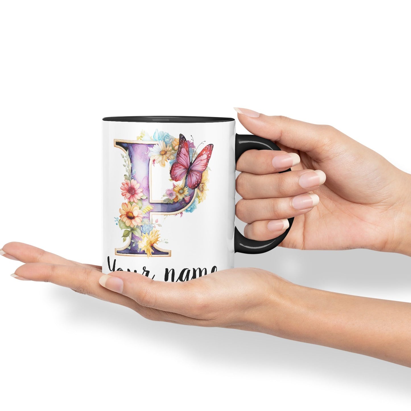 Personalised Letter P mug, Customized Custom Floral flowers butterfly Alphabet Letter P Monogram watercolour Ceramic Coloured Mug Cup for Tea Coffee Hot brew 330ml 11Oz Gift