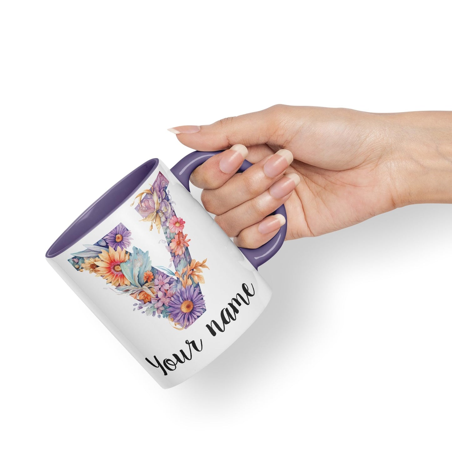 Personalised Letter V mug, Customized Custom Floral flowers butterfly Alphabet Letter V Monogram watercolour Ceramic Coloured Mug Cup for Tea Coffee Hot brew 330ml 11Oz Gift