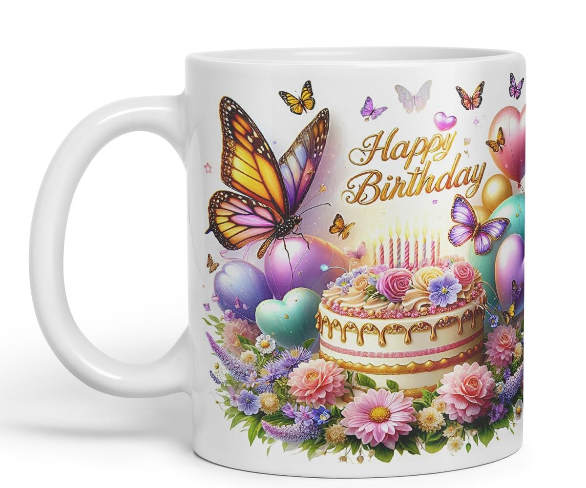 Vixar Happy Birthday Cake with Butterflies Coloured Ceramic Mug Cup Gift 11oz V2 (Black)