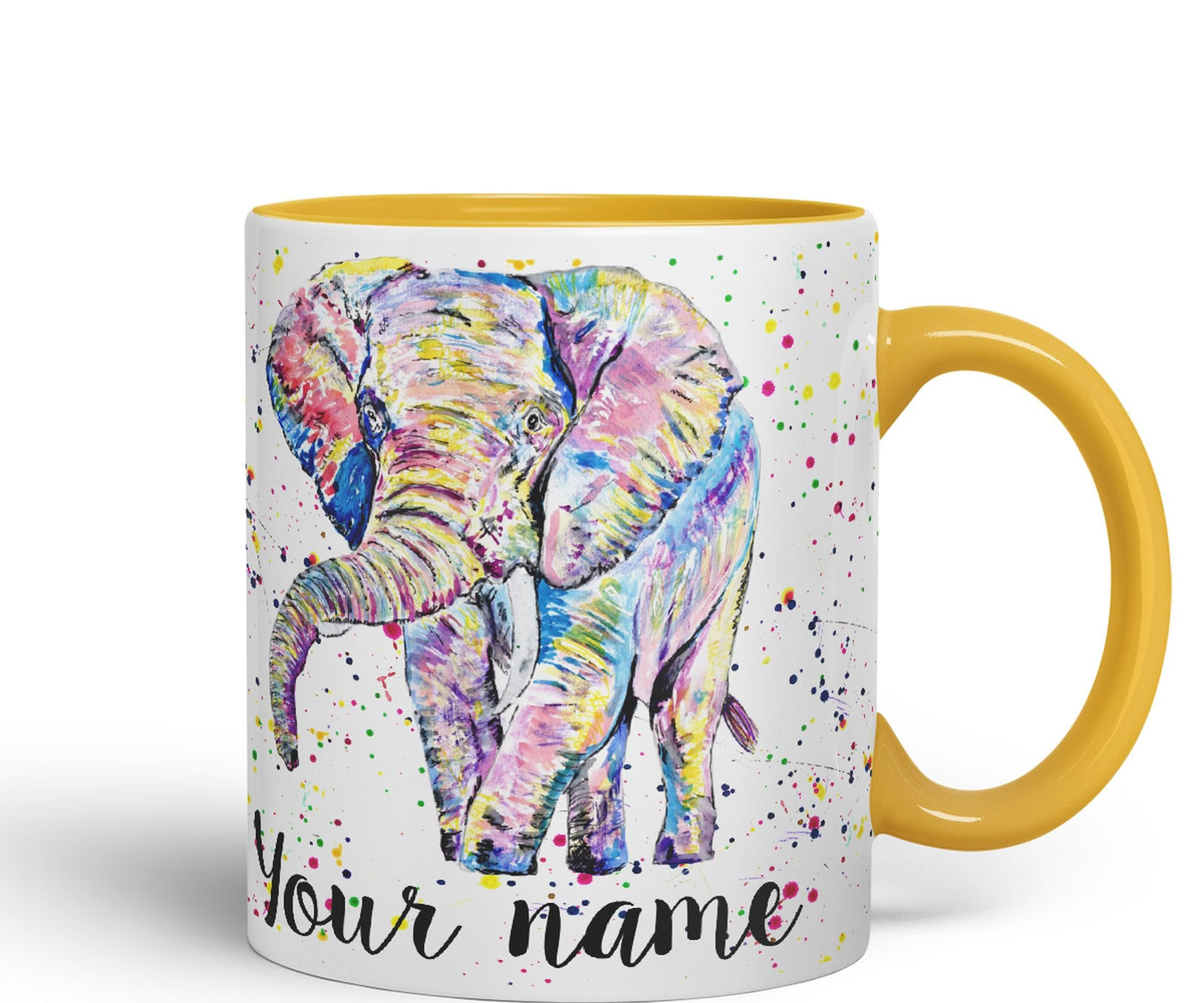 Vixar Personalised with Your Text Elephant Forward Facing Wild Animals Watercolour Art Coloured Ceramic Mug Cup Gift 330ml 11oz Custom Work Office Tea Coffee