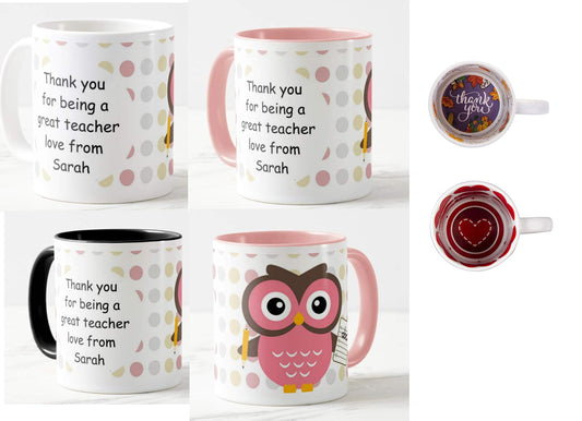 Vixar Teacher Mug - Thank You, OWL Personalised Mug Customised with Your Text, Teacher Gift from Kids, School Gift