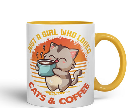 Just a Girl Who Loves Cats & Coffee, cat Sarcastic Joke Ceramic Coloured Mug Cup for Tea Coffee Hot Brew 330ml 11Oz
