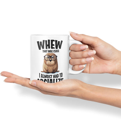 Whew That was Close A Almost had to Socialize Joke sarkasm Sarcastic Ceramic Coloured Mug Cup for Tea Coffee Hot Brew 330ml 11Oz Gift