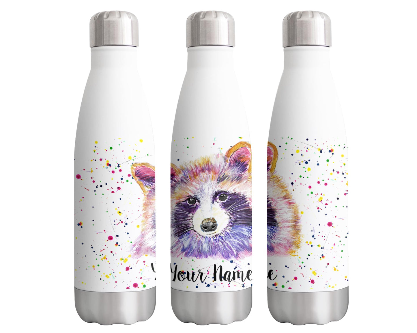 Vixar Raccoon Personalised Custom Bottle with your Text/name Watercolour wildlife Animals Bottle Double Wall Insulated Stainless Steel Sport Drinks 500ml