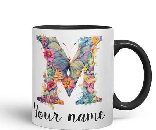 Personalised Letter M mug, Customized Custom Floral flowers butterfly Alphabet Letter M Monogram watercolour Ceramic Coloured Mug Cup for Tea Coffee Hot brew 330ml 11Oz Gift