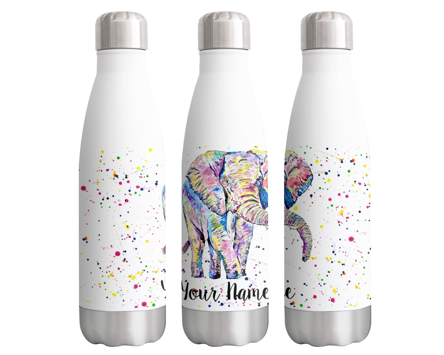 Vixar Elephant Personalised Custom Bottle with your Text/name Watercolour Safari Animals Bottle Double Wall Insulated Stainless Steel Sport Drinks 500ml