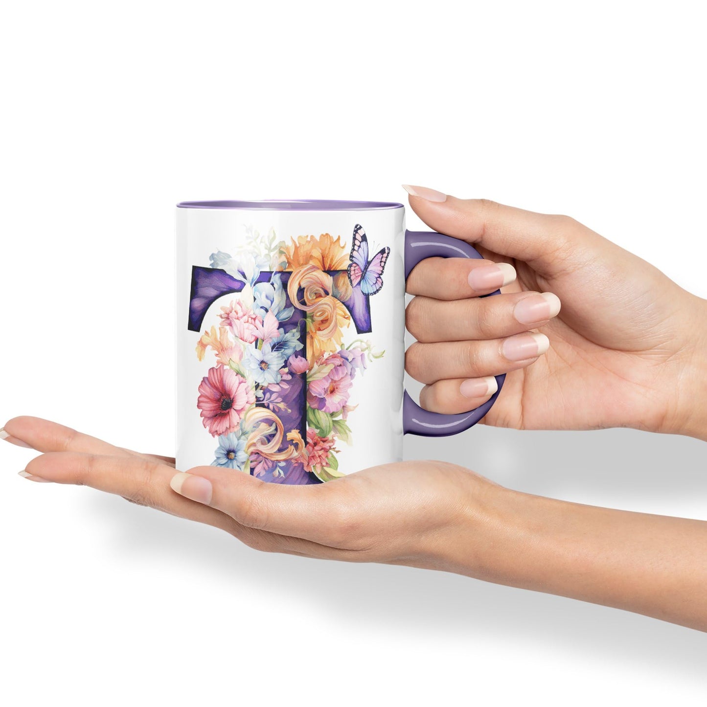 Letter T mug, Floral flowers butterfly Alphabet Letter T Monogram watercolour Ceramic Coloured Mug Cup for Tea Coffee Hot brew 330ml 11Oz Gift